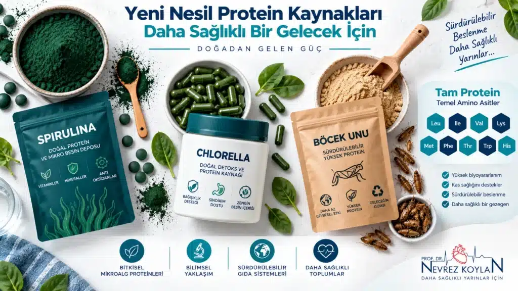 Spirulina, chlorella ve böcek proteini gibi alternatif protein kaynaklarının görseli