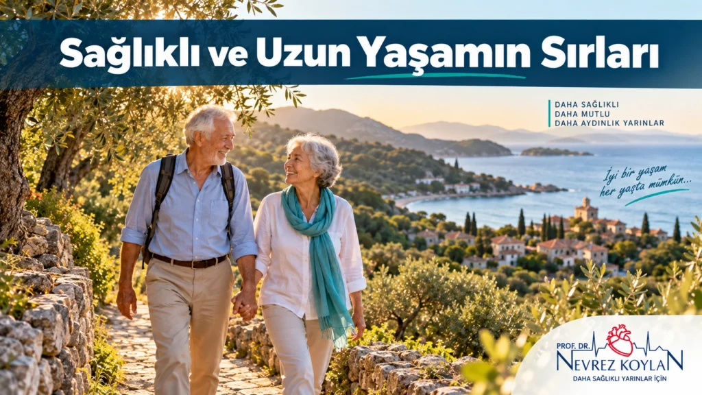 Mavi Bölgeler'de yaşayan yaşlı bir çiftin doğada yürüyüş yaparken gülümsediği, sağlıklı ve uzun yaşamı simgeleyen kapak görseli