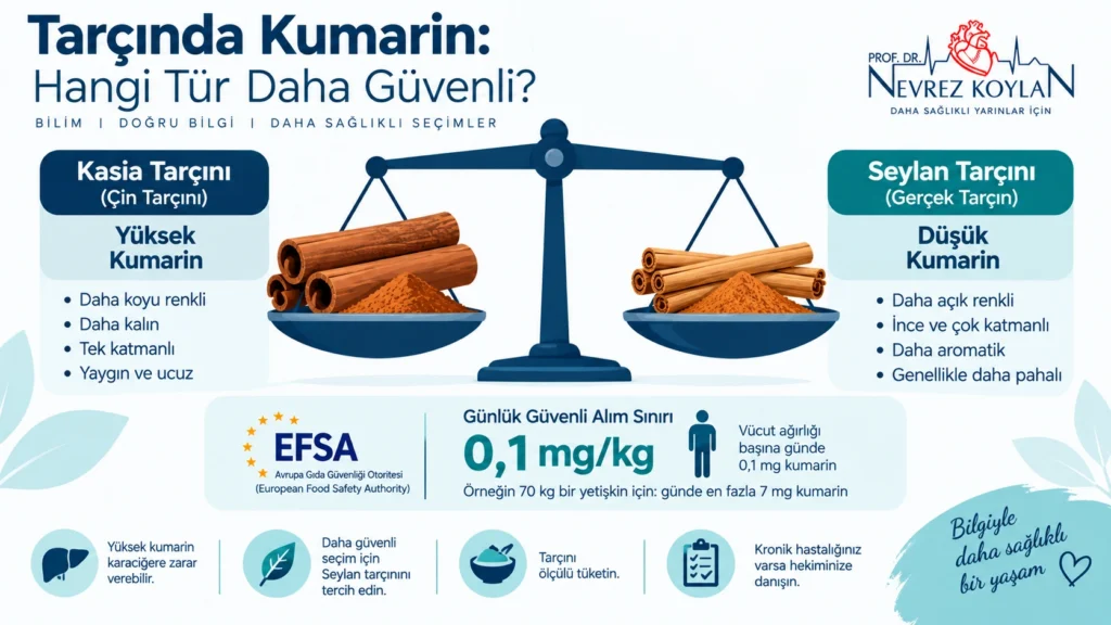 Tarçın türlerine göre kumarin içeriğini ve EFSA güvenli tüketim sınırını gösteren infografik