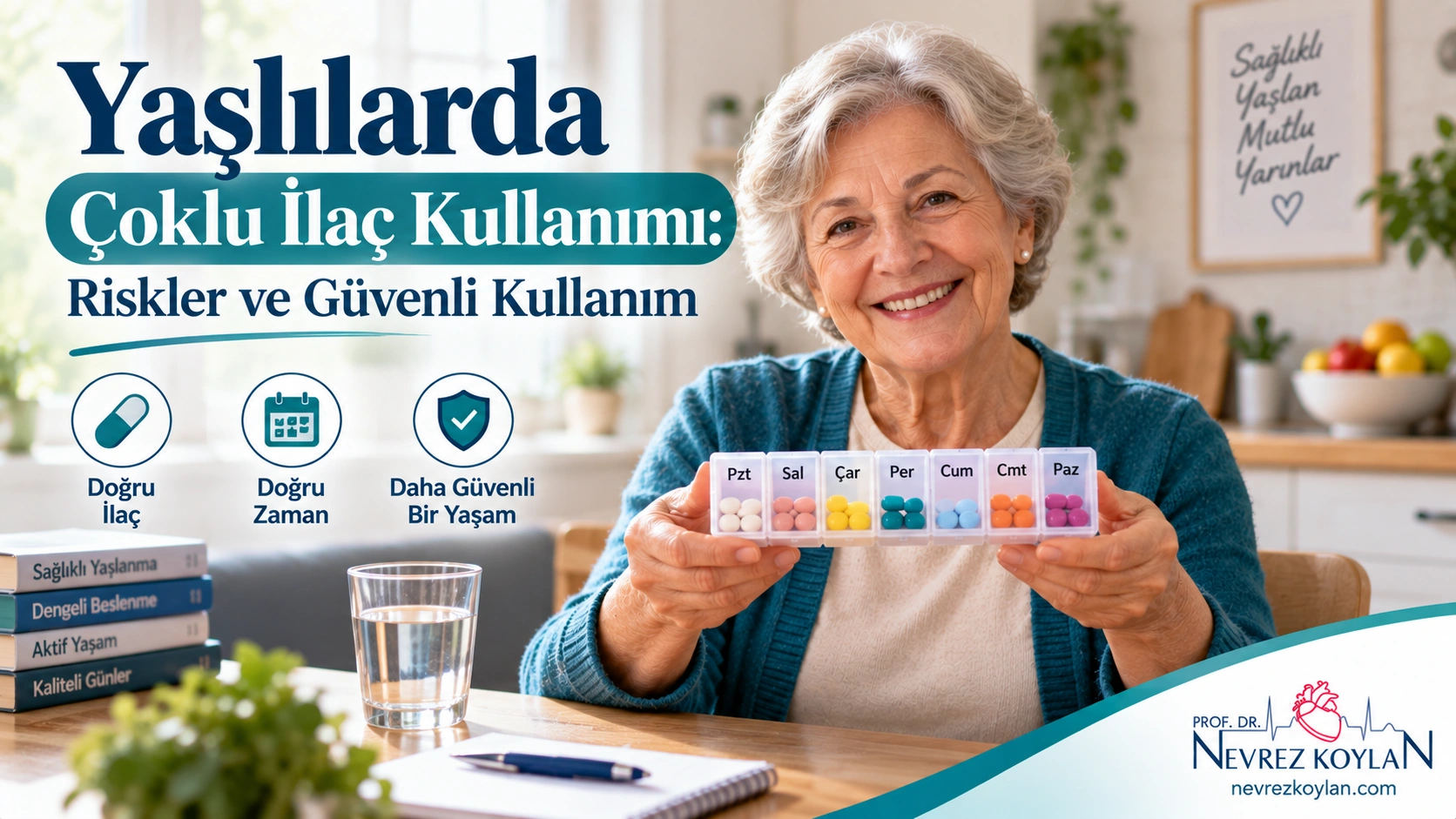 Yaşlı bir hastanın elinde tuttuğu haftalık ilaç organizatörü kutusu, yaşlılarda çoklu ilaç kullanımı ve polifarmasi temasını simgeleyen kapak görseli