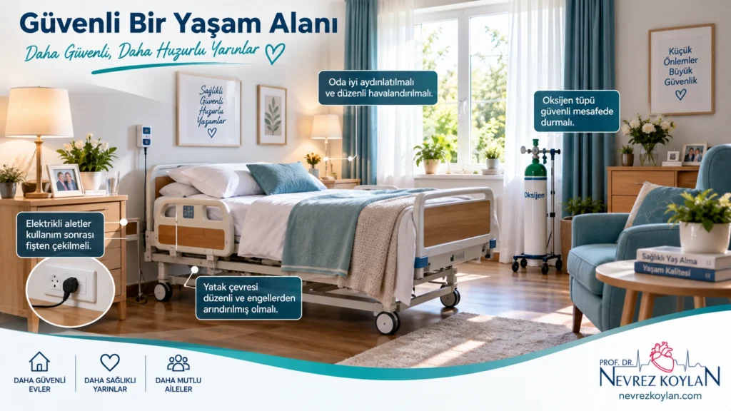 Elektrikli aletlerin fişten çekili, oksijen tüpünün güvenli
mesafede tutulduğu düzenli bir yaşlı bakım odasını gösteren görsel