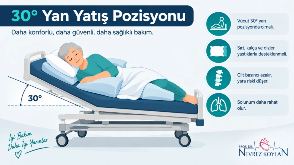 Yatalak hastanın bası yarasını önlemek için 30 derece yan
pozisyonda yastıklarla desteklenerek yatırıldığını gösteren şema