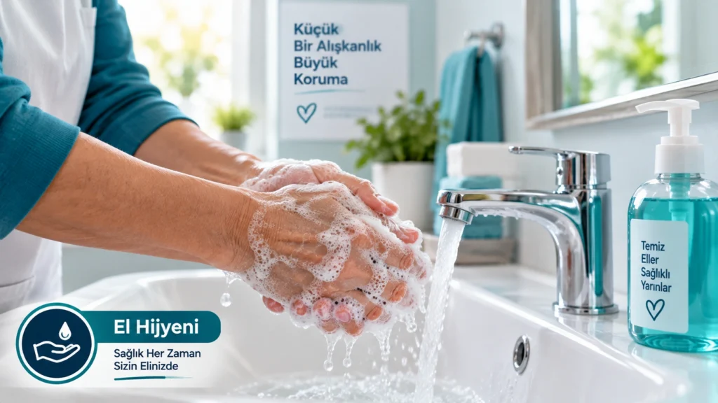 Bakım verenin lavaboda ellerini sabunla yıkayarak enfeksiyon
önleme kurallarına uyduğunu gösteren görsel