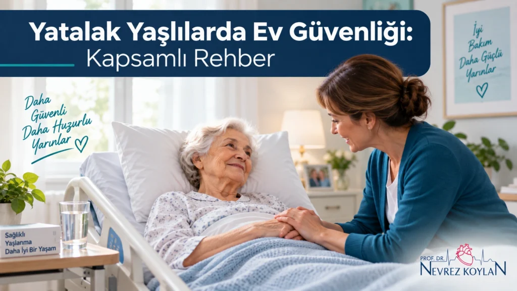 Yatalak yaşlı bireyin evde güvenli bakımını gösteren, hasta yatağı ve bakım verenin elini tutan sıcak tonlu illüstrasyon