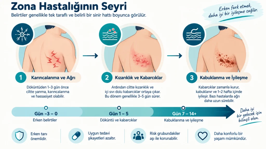 Zona hastalığının üç evresini gösteren zaman çizelgesi infografiği