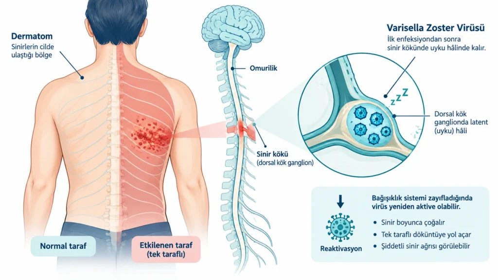 Varicella zoster virüsünün sinir sisteminde yeniden aktifleşmesini gösteren illüstrasyon