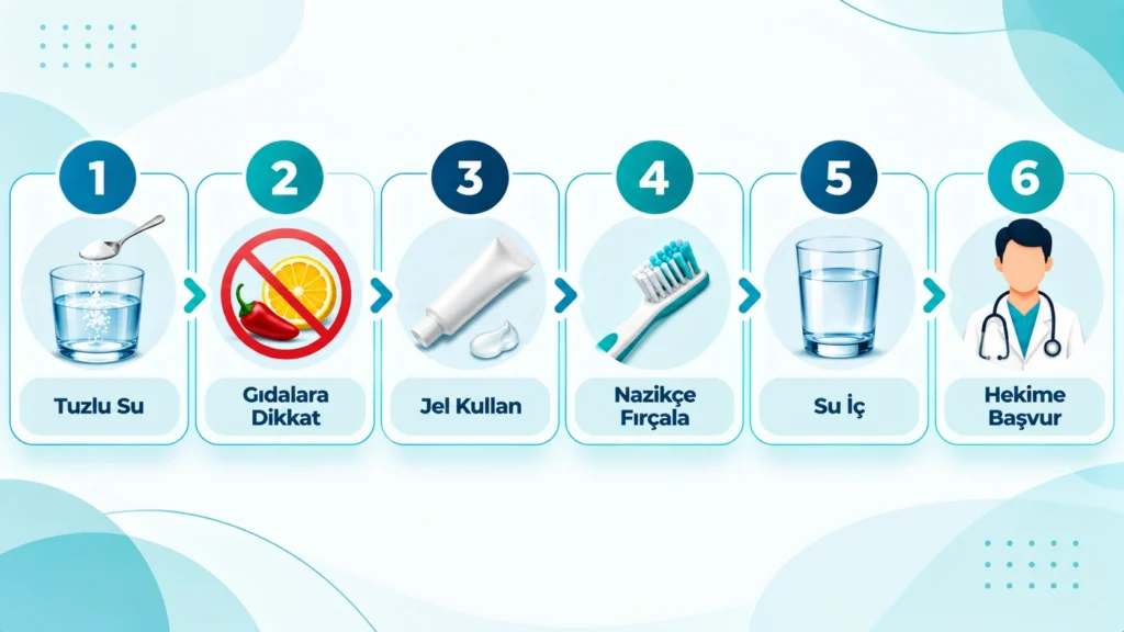 Aft ağrısını evde hafifletmek için uygulanabilecek adımları gösteren görsel