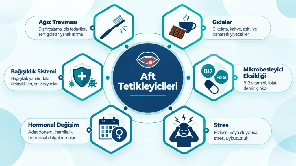 Aftı tetikleyen faktörleri gösteren infografik: stres, beslenme, travma, vitamin eksikliği