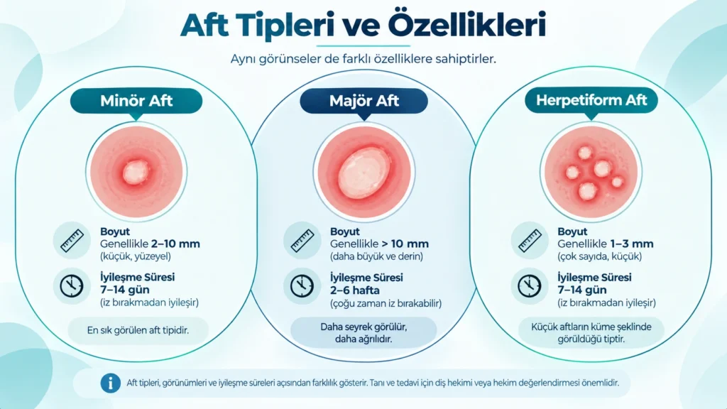 Aftı tetikleyen faktörleri gösteren infografik: stres, beslenme, travma, vitamin eksikliği