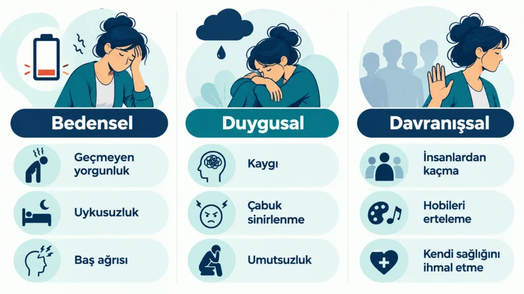 Bakıcı tükenmişliğinin bedensel, duygusal ve davranışsal belirtilerini gösteren infografik