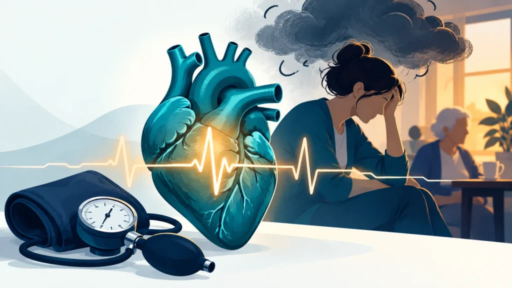 Bakıcı tükenmişliği ve kalp sağlığı: stresli bir bakım verenin kalp ve tansiyon riskini simgeleyen illüstrasyon