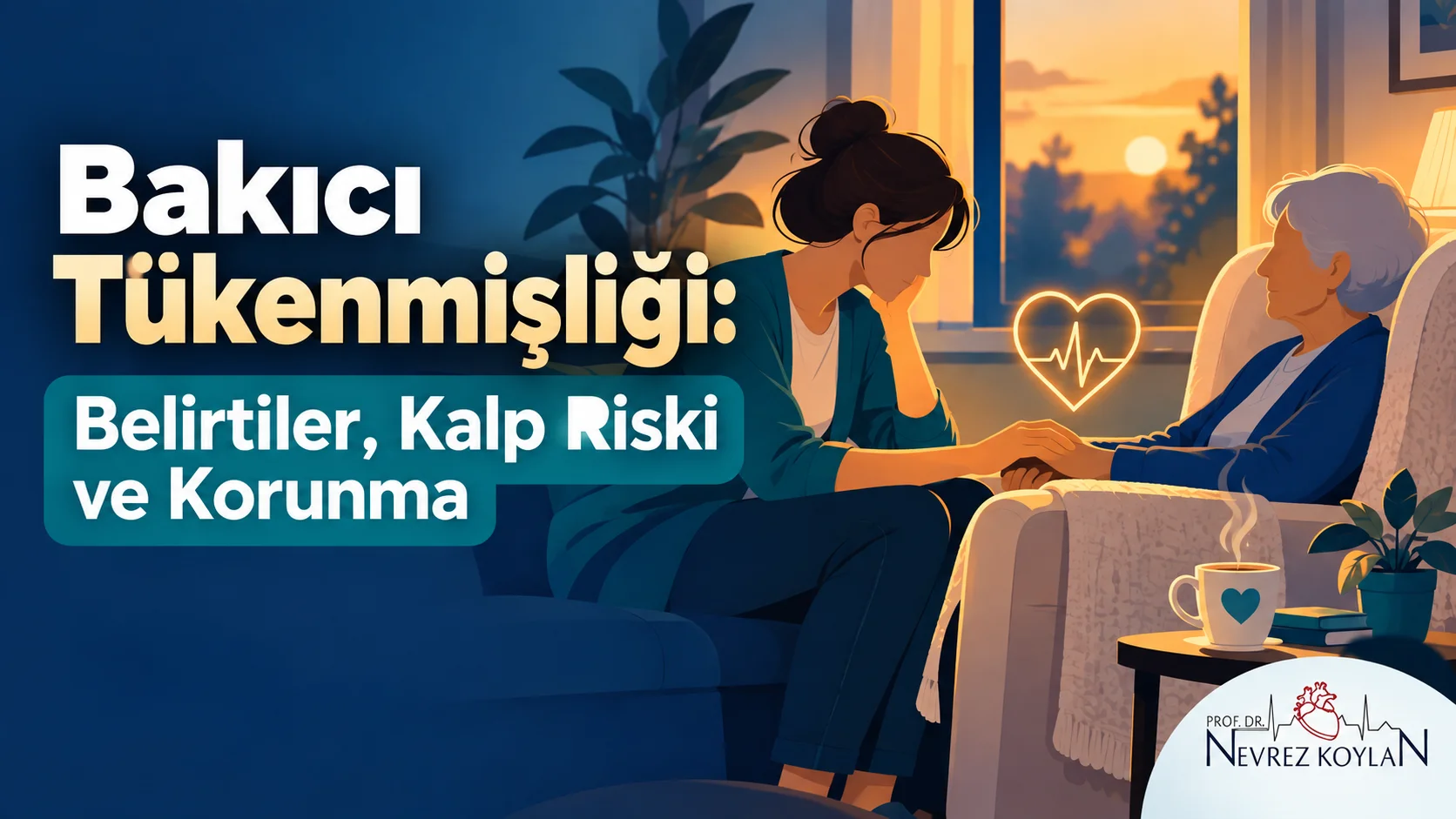 Bakıcı tükenmişliği: yaşlı yakınının elini tutan yorgun bir bakım veren ve üzerinde kalp atış çizgisi