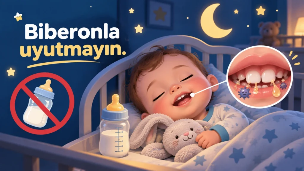 Yatakta biberonla uyuyan bebek ve dişlerin şekerli sıvıyla temas ettiğini gösteren biberon çürüğü uyarısı