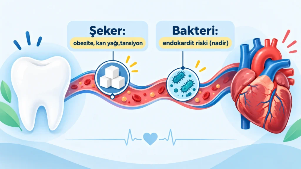 Çocuklarda diş sağlığı ile kalp sağlığı arasındaki bağlantıyı gösteren, bir diş ile kalbi birleştiren şema