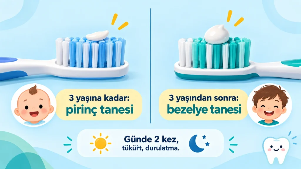 ocuk diş fırçasında pirinç tanesi ve bezelye tanesi boyutunda florlu diş macunu miktarlarının yan yana karşılaştırması