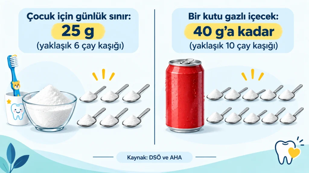 Çocuklar için günlük 25 gram eklenmiş şeker sınırını, yaklaşık 6 çay kaşığı ile bir kutu gazlı içeceğin şekeriyle karşılaştıran görsel
