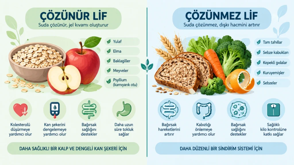 Çözünür lif ve çözünmez lif kaynaklarını karşılaştıran infografik görsel