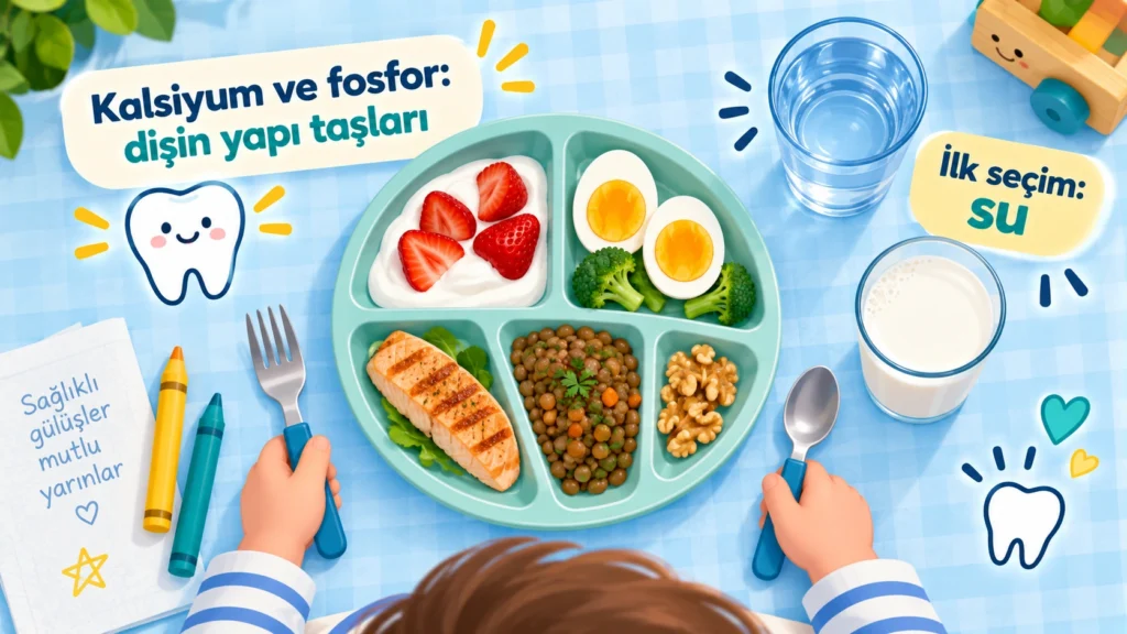Süt, yoğurt, yumurta, balık ve baklagillerle hazırlanmış diş dostu çocuk beslenme tabağı