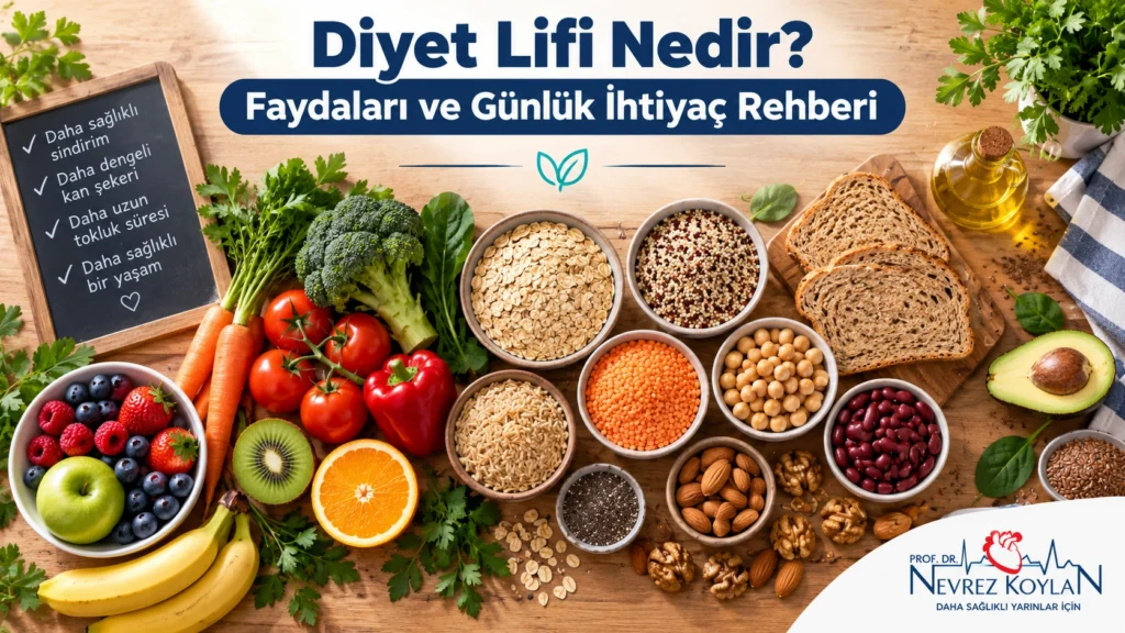 Diyet lifi nedir başlıklı kapak görselinde sebze, meyve ve tam tahıllardan oluşan sağlıklı besinler