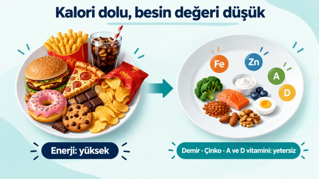 Beslenme bozukluğu (malnütrisyon) türleri: yetersiz beslenme, vitamin-mineral dengesizliği ve fazla kilo-obezite infografiği