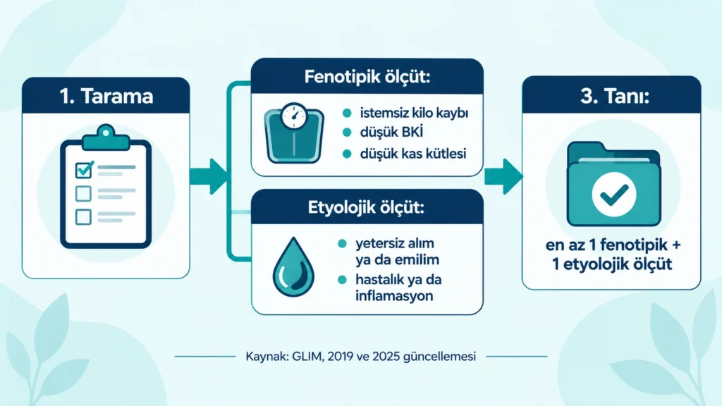 GLIM ölçütleriyle malnütrisyon tanısı akış şeması: tarama, fenotipik ve etyolojik ölçüt