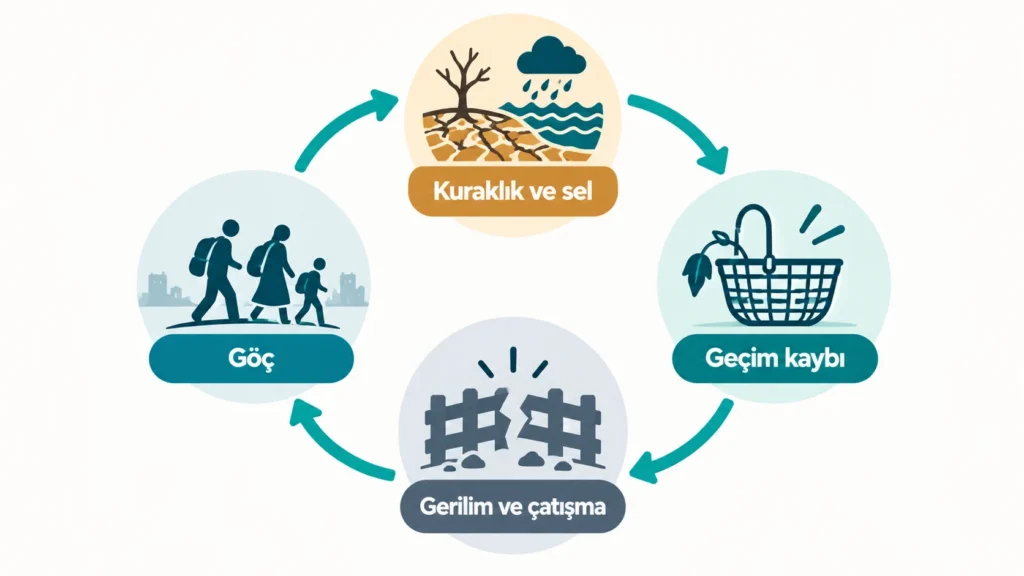 Kuraklık, geçim kaybı, çatışma ve göç arasındaki kısır döngüyü gösteren şema