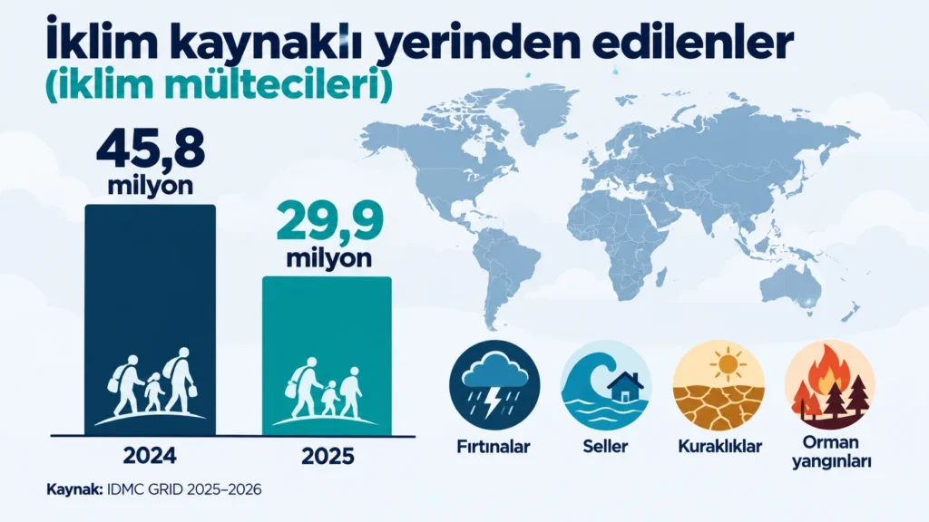 2024'te 45,8 milyon ve 2025'te 29,9 milyon afet kaynaklı yerinden edilmeyi gösteren iklim göçü infografiği