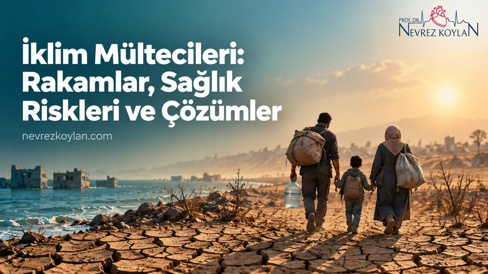 İklim mültecileri: kuraklıktan etkilenmiş toprakta eşyalarıyla yürüyen bir aile