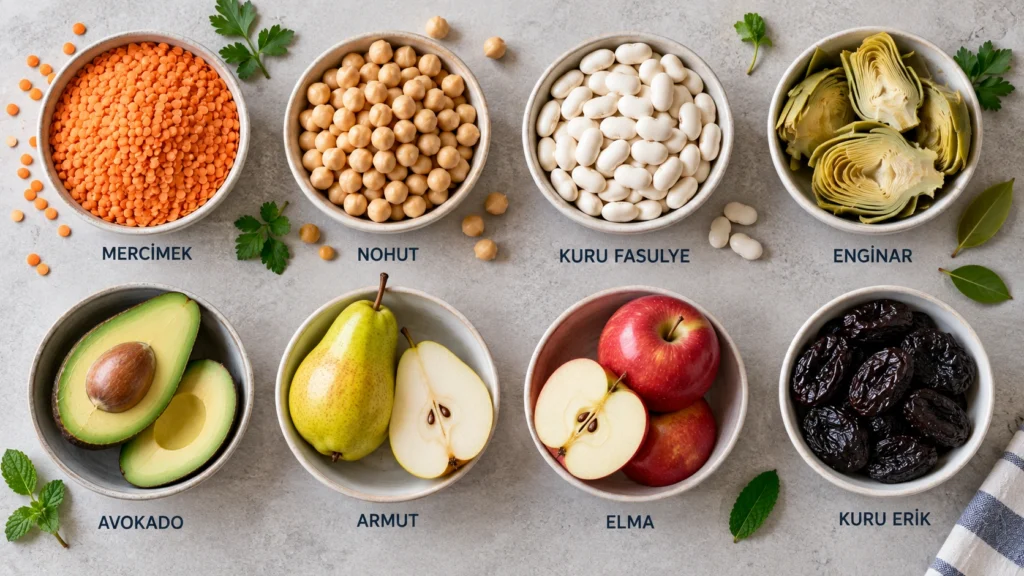 Mercimek, nohut, avokado ve elma gibi lif açısından zengin besinlerin fotoğrafı