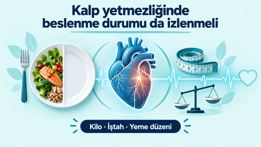 Malnütrisyon ve kalp yetmezliği ilişkisini gösteren kalp ve tabak illüstrasyonu