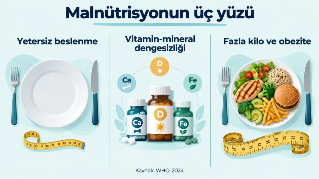 Beslenme bozukluğu (malnütrisyon) türleri: yetersiz beslenme, vitamin-mineral dengesizliği ve fazla kilo-obezite infografiği