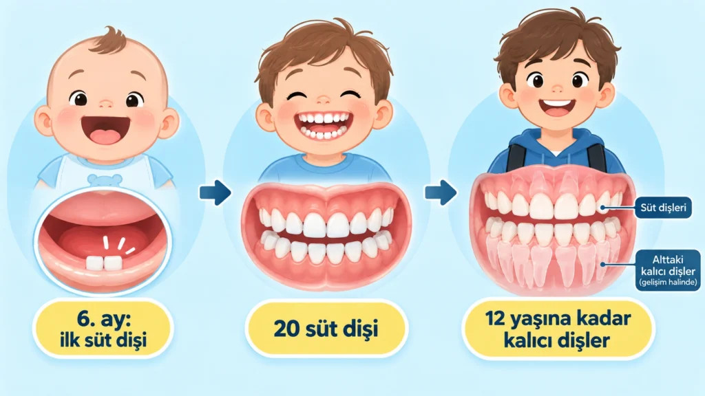 Çocuklarda süt dişlerinin 6. aydan 12 yaşa kadar kalıcı dişlere dönüşme sürecini gösteren şema