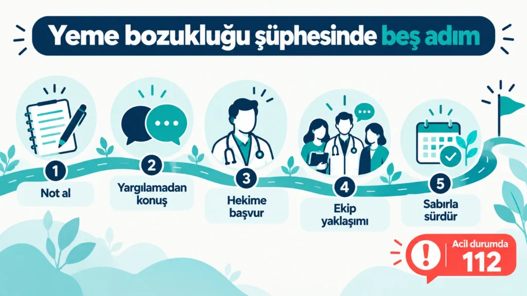 Yeme bozukluğu şüphesinde atılacak beş adımı gösteren yol haritası görseli
