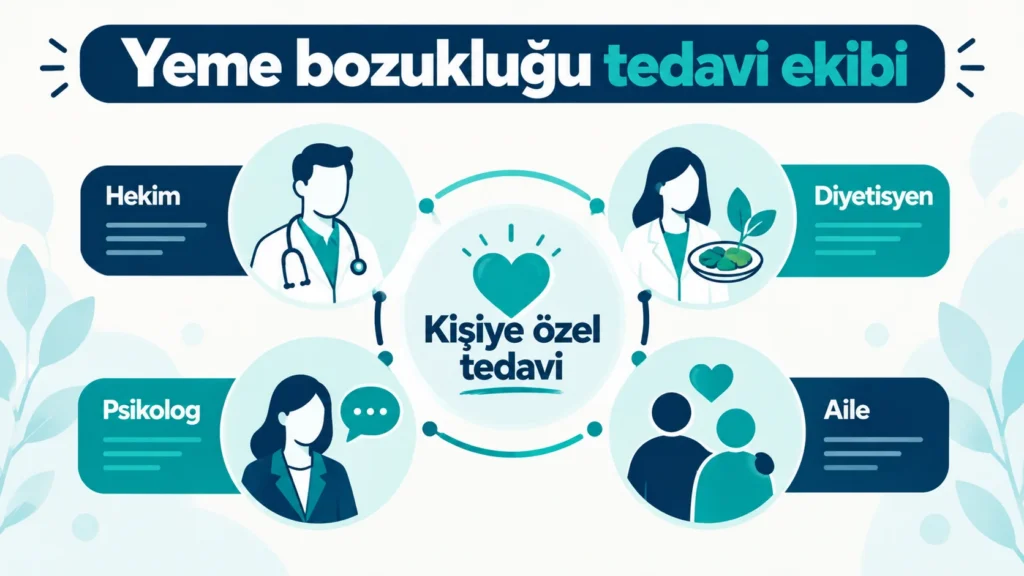 Hekim, diyetisyen, psikolog ve aileden oluşan yeme bozukluğu tedavi ekibini gösteren görsel