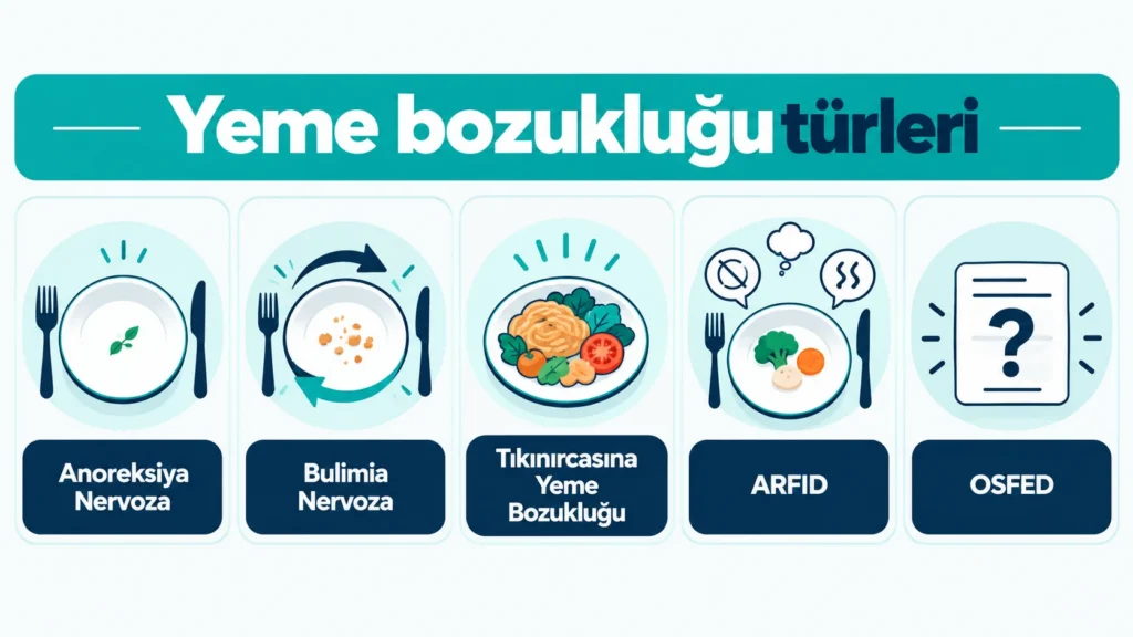 Beş yeme bozukluğu türünü gösteren infografik: anoreksiya, bulimia, tıkınırcasına yeme, ARFID ve OSFED