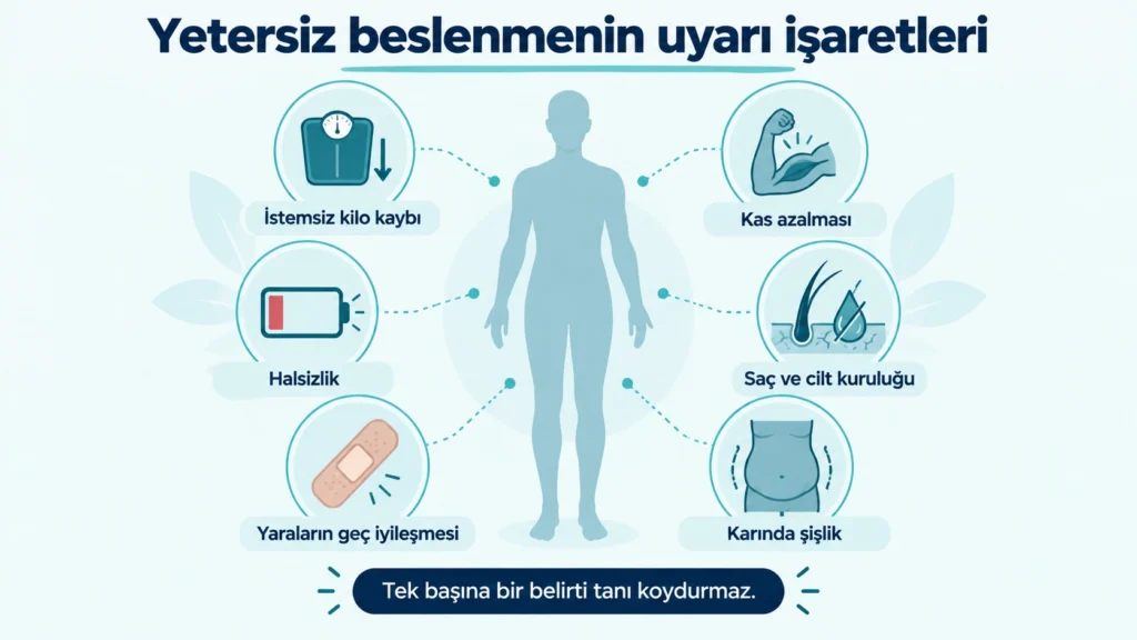 Beslenme bozukluğu belirtileri infografiği: kilo kaybı, kas azalması, halsizlik ve yara iyileşmesinde gecikme