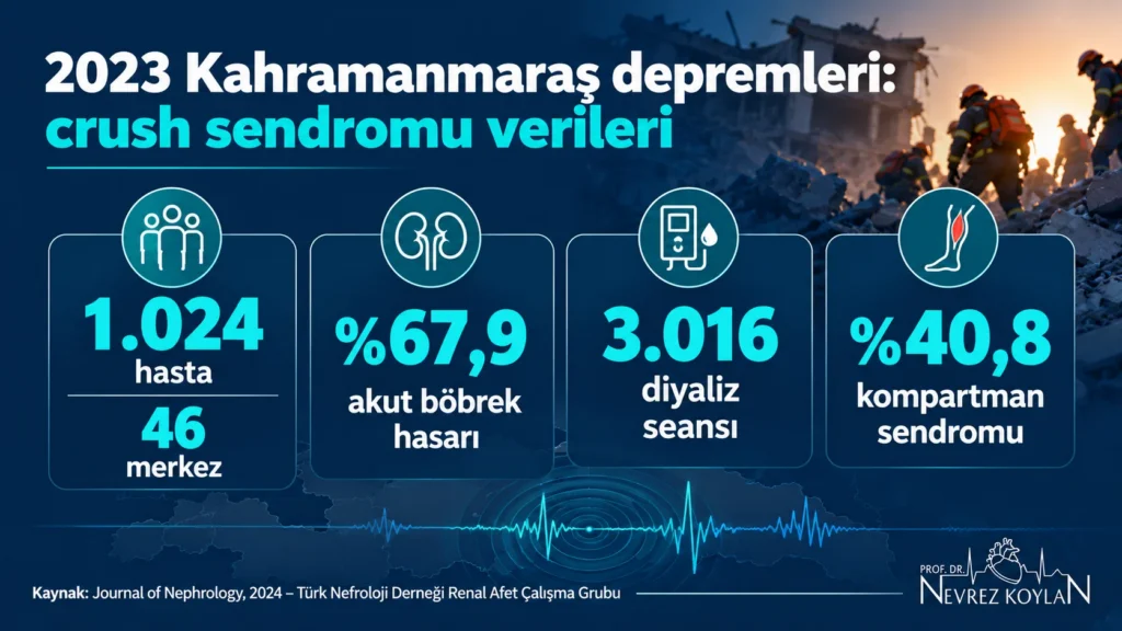 2023 Kahramanmaraş depremlerinde crush sendromlu 1.024 hastaya ait akut böbrek hasarı, diyaliz ve kompartman sendromu oranlarını gösteren infografik