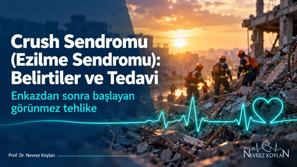 Crush sendromu (ezilme sendromu) belirtileri ve tedavisini anlatan kapak görseli; enkaz önünde kurtarma ekibi ve kalp ritmini simgeleyen EKG çizgisi