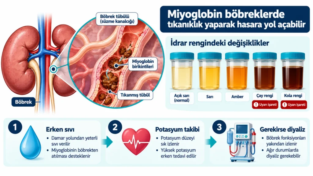 Crush sendromunda yükselen potasyumun kalp ritmine etkisini normal EKG, sivri T dalgası ve tehlikeli ritim örnekleriyle gösteren infografik