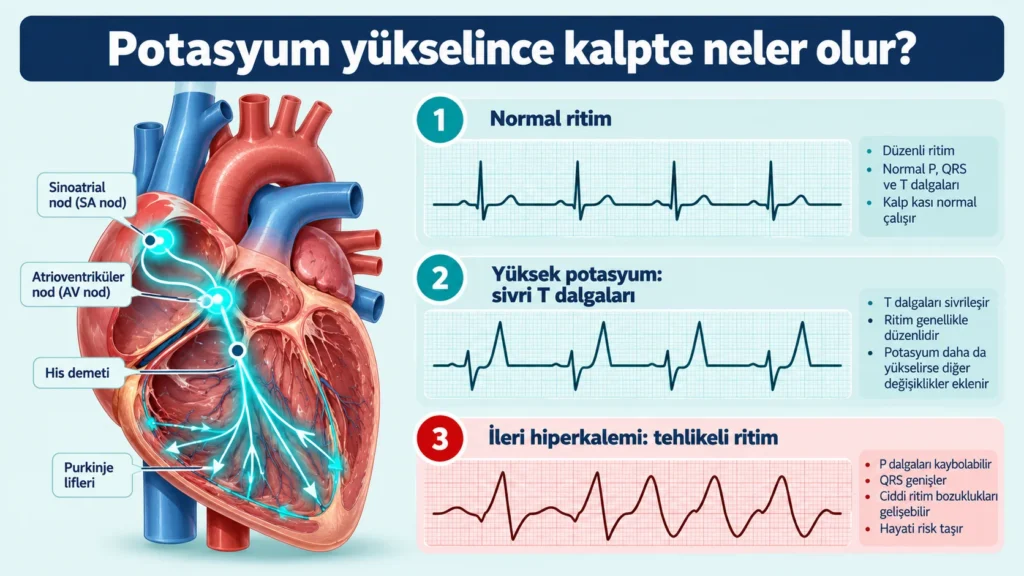 Crush sendromunda yükselen potasyumun kalp ritmine etkisini normal EKG, sivri T dalgası ve tehlikeli ritim örnekleriyle gösteren infografik