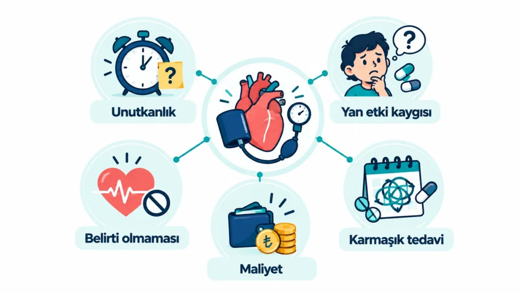 Tansiyon ilacının bırakılma nedenleri: unutkanlık, yan etki kaygısı, belirti olmaması, maliyet ve karmaşık ilaç şeması