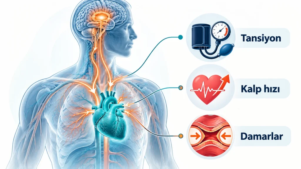 Dolaylı travma ve kalp sağlığı: stres hormonlarının kalp, tansiyon ve kalp ritmi üzerindeki etkisini gösteren illüstrasyon