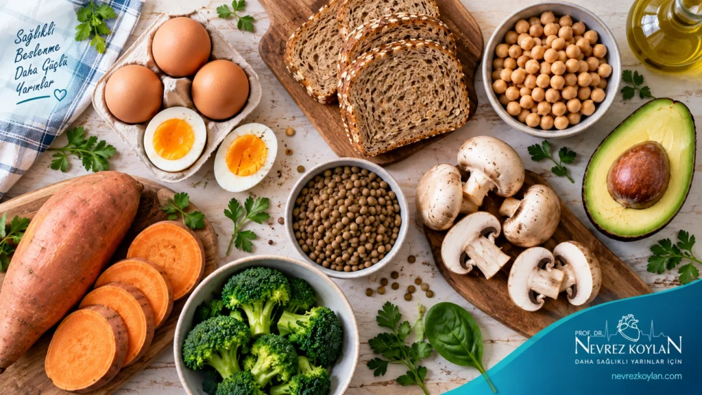 Pantotenik asit (B5 vitamini) açısından zengin yumurta, tam tahıl, mantar ve avokado gibi besinler