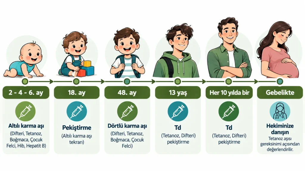 Tetanoz aşısı takvimi: bebeklikten erişkinliğe doz zamanları ve 10 yılda bir Td hatırlatma dozu zaman çizelgesi