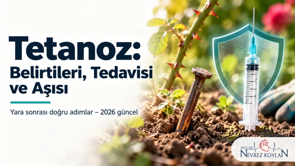 Tetanoz: belirtileri, tedavisi ve aşısı kapak görseli; bahçe toprağında paslı çivi ve kalkan simgeli aşı şırıngası