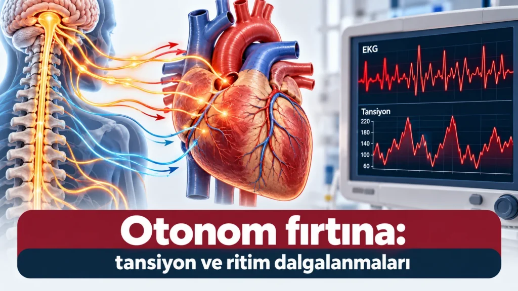 Tetanozda otonom sinir sistemi fırtınası: dalgalanan tansiyon ve düzensiz EKG çizgisiyle kalp illüstrasyonu