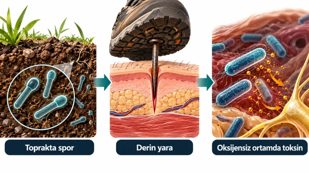 Tetanoz nasıl bulaşır: topraktaki Clostridium tetani sporlarının delici yara ile vücuda girişi şeması