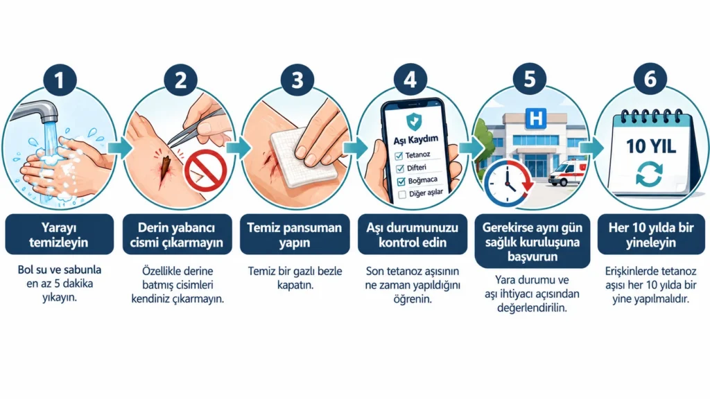 Tetanozdan korunmak için yaralanınca ne yapmalı: yarayı yıkama, kapatma, aşı kaydını kontrol ve hekime başvurma adımları