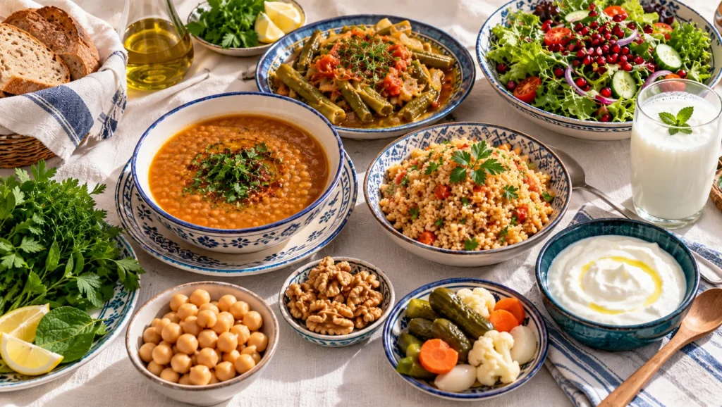 Mikrobiyom diyetine uygun Türk sofrası: mercimek çorbası, bulgur, zeytinyağlı sebze, yoğurt, kefir, turşu ve ceviz