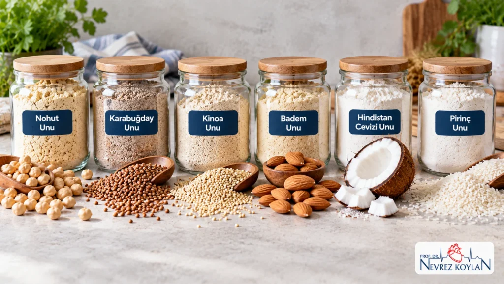 Nohut, karabuğday, kinoa, badem, hindistan cevizi ve pirinç unundan oluşan glutensiz un çeşitleri